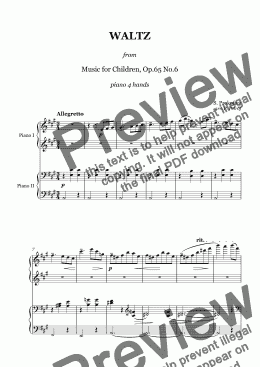 page one of Prokofiev - VALTZ from ''Music for Children'' Op.65 - 1 piano 4 hands