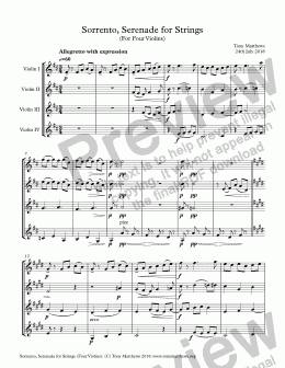page one of Sorrento, Serenade for Strings (For Four Violins)