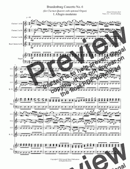 page one of Bach - Brandenburg Concerto No. 6 (for Clarinet Quartet with Optional Organ)