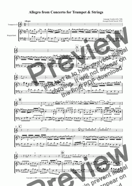 page one of Allegro from Torelli’s Concerto (Professional Version in D) for D Trumpet  & Harpsichord