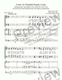 page one of Come, Ye Thankful People, Come with Nun Danket for SATB Choir and Euphonium Solo with Organ Accompaniment, arr. by Pamela Webb Tubbs