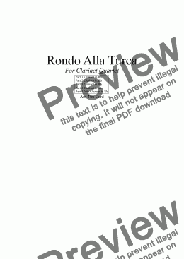 page one of Rondo Alla Turca. For Clarinet Quartet