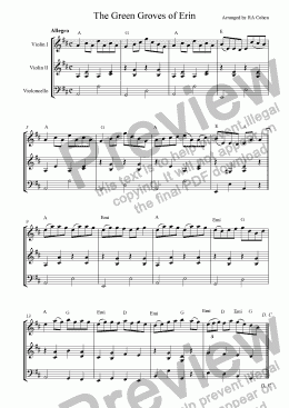 page one of trad. Irish - THE GREEN GROVES OF ERIN - A traditional Irish melody for 2 violins and cello