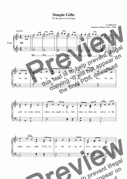 page one of "Simple Gifts" Shaker Tune -Download Sheet Music Piano/Vocal