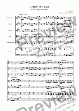 page one of Concerto in G Major  for violin, strings & continuo