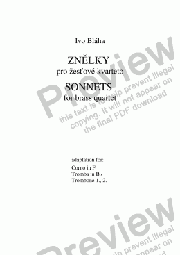 page one of SONNETS for brass quartet (Znělky pro žesťové kvarteto) - adaptation for trumpet, horn and 2 trombons - 4 pieces
