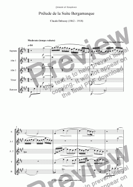 page one of Debussy - Prelude de la Suite Bergamasque (Sax Quintet)