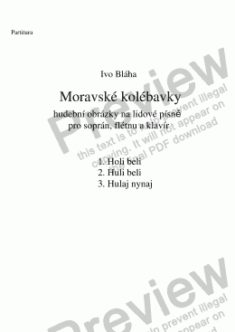 page one of MORAVSKÉ KOLÉBAVKY (Moravian Lullabies) pro soprán, flétnu a klavír (Czech words)