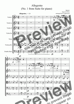 page one of Bartok - Allegretto  (No. 1 from Suite for piano) for string orchestra