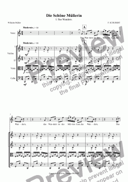 page one of SCHUBERT: Die Schöne Müllerin I.Das Wandern arranged for Voice and String Quartet