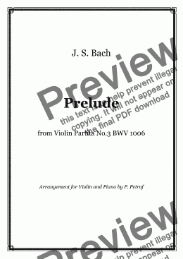 page one of J. S. Bach - PRELUDE from Violin Partita No.3 BWV 1006 - violin and piano