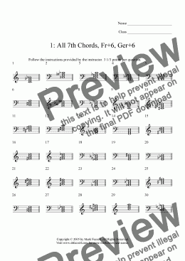 page one of All seventh chords, Fr+6, and Ger+6 chords ID worksheet