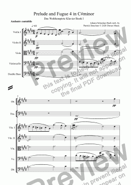 page one of Prelude and Fugue 4 in C#minor by J. S. Bach for Orchestra