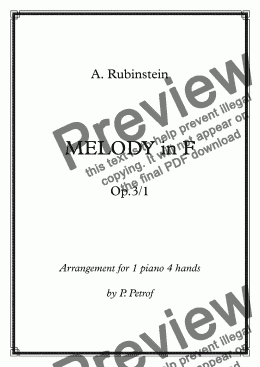 page one of Rubinstein - MELODY in F  Op.3/1  for 1 piano 4 hands