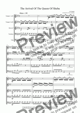 page one of Arrival of the Queen of Sheba - Handel (brass quintet)