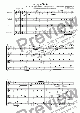 page one of Baroque Suite - 1. Arcangelo Corelli Preludio: Sonata in A, 1st Movement -arr. for string quartet