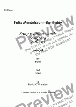 page one of Mendelssohn - Song without words op 62 no 6 'Spring Song' for flute and piano arranged by David C Wheatley