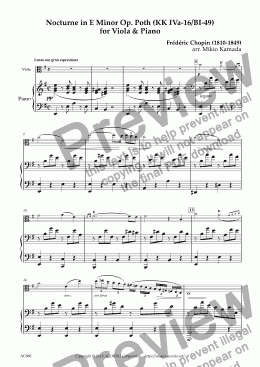page one of Nocturne in E Minor Op. Poth (KK IVa-16/BI-49) for Viola & Piano