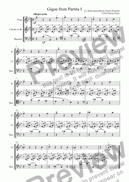 page one of Bach - Gigue from Partita I for Flute, Clarinet and Bassoon