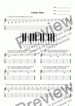 page one of Guitar Quiz: Half steps, whole steps and major scales