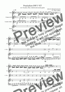 page one of Praeludium BWV 927 - arr. for piano, flute, clarinet and acoustic guitar
