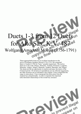 page one of Duets 1-3 from 12 alto sax duets - Twelve duets for saxophone by Mozart, KV 487