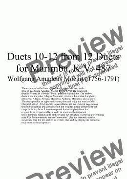 page one of Duets 10-12 from 12 marimba duets - Twelve duets by Mozart, KV 487