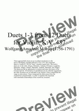page one of Duets 1-3 from 12 violin duets - Twelve duets by Mozart, KV 487