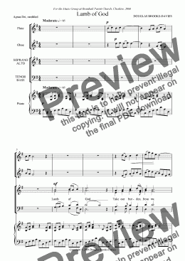 page one of Brooks-Davies: Lamb of God (SATB choir + piano; same as above + flute and oboe obbligati)