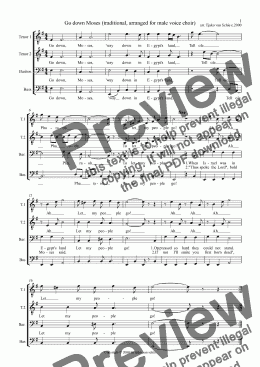 page one of Go down Moses - arranged for 4 voice Male Voice Choir