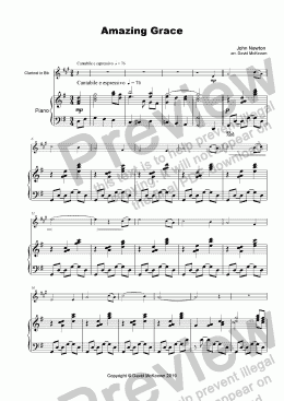 page one of Amazing Grace, Concert Solo for Clarinet and Piano