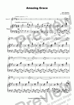page one of Amazing Grace, Concert Solo for Horn in F and Piano