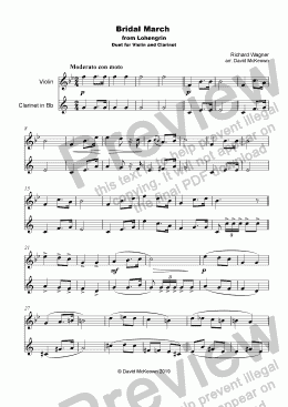 page one of Bridal March, "Here Comes the Bride", for Violin and Clarinet Duet