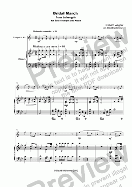 page one of Bridal March, "Here Comes the Bride", for solo Trumpet and Piano