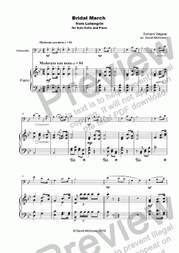page one of Bridal March, "Here Comes the Bride", for solo Cello and Piano
