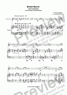 page one of Bridal March, "Here Comes the Bride", for solo Horn in E flat and Piano