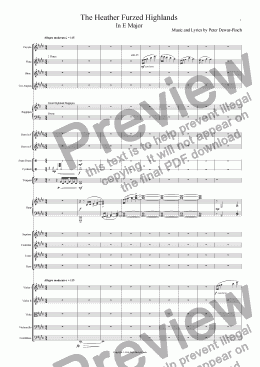 page one of The Heather Furzed Highlands in E Major For Orchestra, Choir and Bagpipes