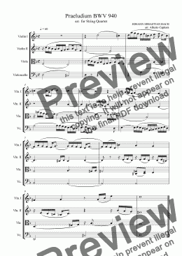 page one of Praeludium BWV 940 - arr. for String Quartet