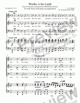 page one of Worthy is the Lamb (HANDEL ["Messiah" Excerpt]) Easter / Eastertide chorale for three-part mixed voices (SAB) choir with piano accompaniment