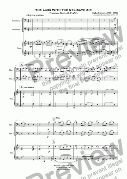 page one of The Lass With The Delicate Air -Trombone Duet with PIANO Accompaniment