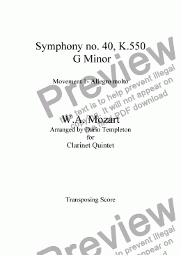 page one of Mozart- Symphony 40, Mvt. 1 (arr. Clarinet Quintet)