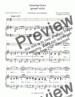 page one of Amazing Grace (gospel style) for baritone solo w/piano