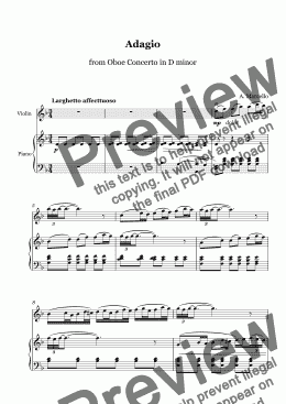 page one of Marcello - ADAGIO from Oboe Concerto in D minor - Violin and Piano