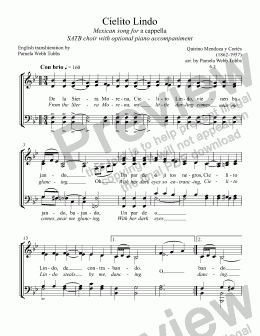 page one of Cielito Lindo [CORTES] Mexican song for a cappella or SATB choir with optional piano accompaniment, arr. by Pamela Webb Tubbs