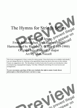 page one of Hymns for Strings: Fairest Lord Jesus by Richard S. Willis, arr. for String Quartet