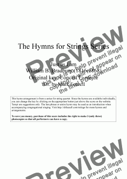 page one of Hymns for Strings: Just as I Am by William B. Bradbury, arr. for String Quartet