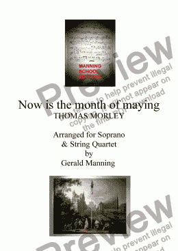 page one of English Song: Morley, T. - Now is the month of maying - arr. for Soprano & String Quartet by Gerald Manning