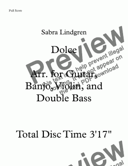 page one of Dolce,  Arr. for Guitar, Banjo, Violin, and Double Bass