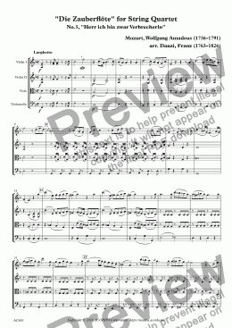 page one of "Die Zauberflöte" for String Quartet, No.5, "Herr ich bin zwar Verbrecherin"