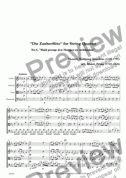 page one of "Die Zauberflöte" for String Quartet, No.9, "Bald prengt den Morgen zu verkünden"